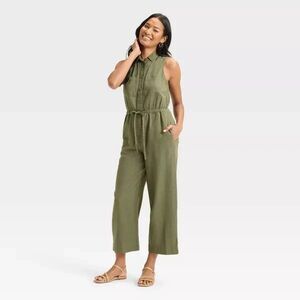 Universal Thread Women's Button-Front Jumpsuit Olive Green 16 Linen Blend NWT